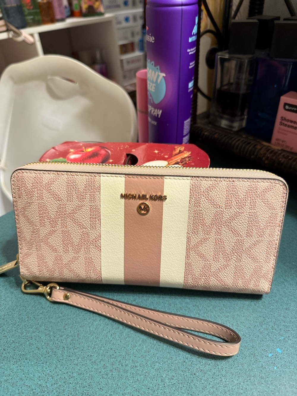 Michael Kors Pink Signature Zip-Around Wristlet Wallet with Cream Stripe
